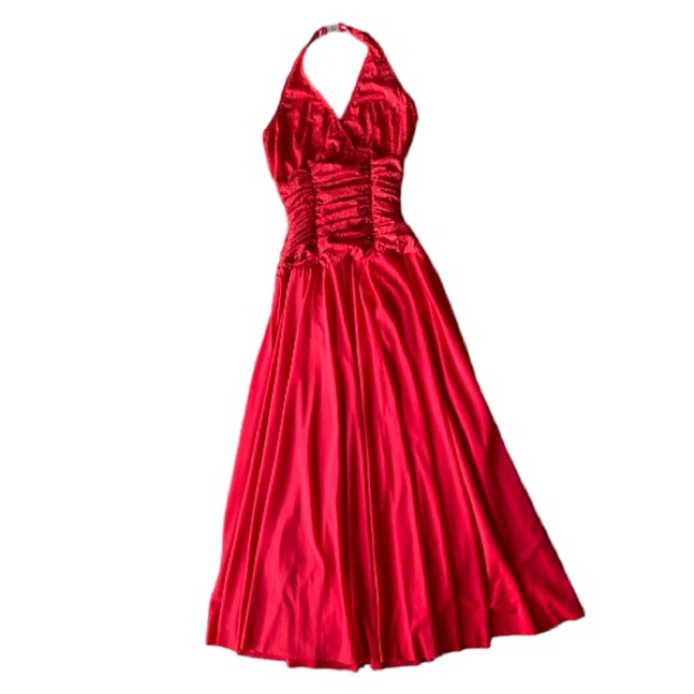 Red Halter Maxi Dress with Ruched Bodice w built in leotard and long flowy skirt